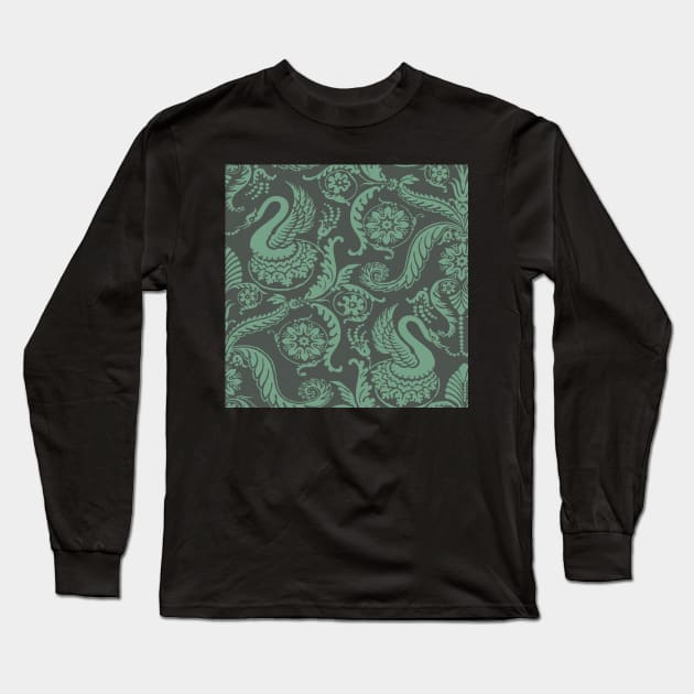 Mint Green on Sage Classy Medieval Damask Swans Long Sleeve T-Shirt by JamieWetzel